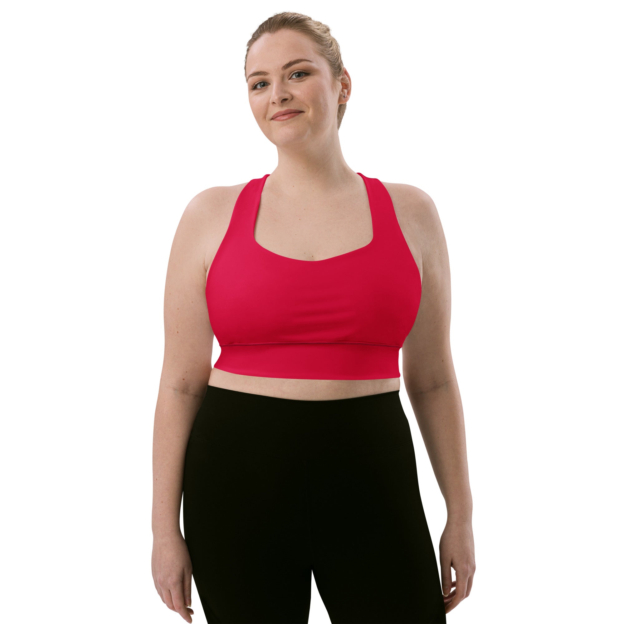 Vibrant red recycled longline sports bra with seamless design wide straps high intensity support quick dry and upf 50+