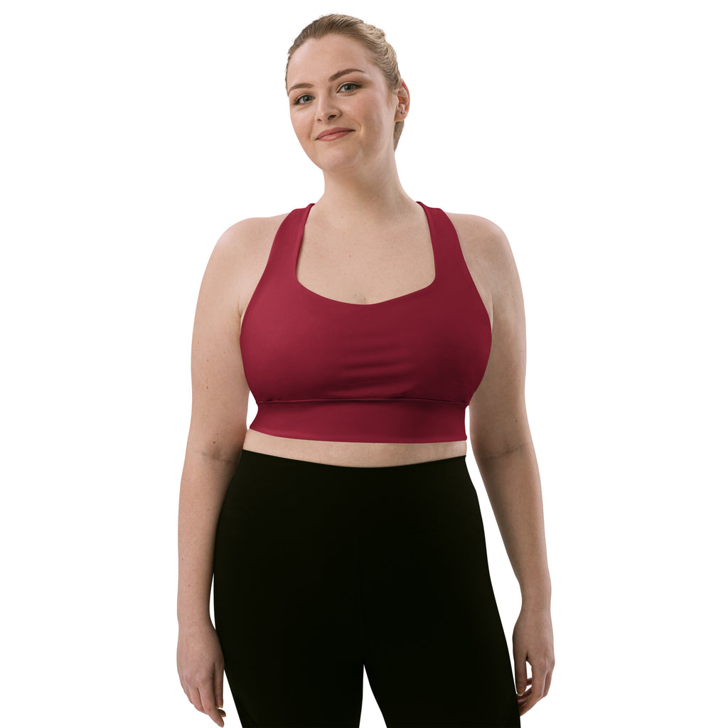 A maroon seamless longline sports bra with scoop neckline and wide straps offering high intensity support and quick dry