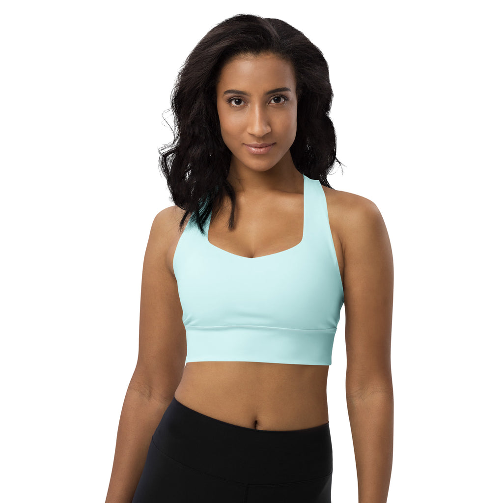 Light aqua blue recycled longline sports bra with square neckline racerback straps high intensity support