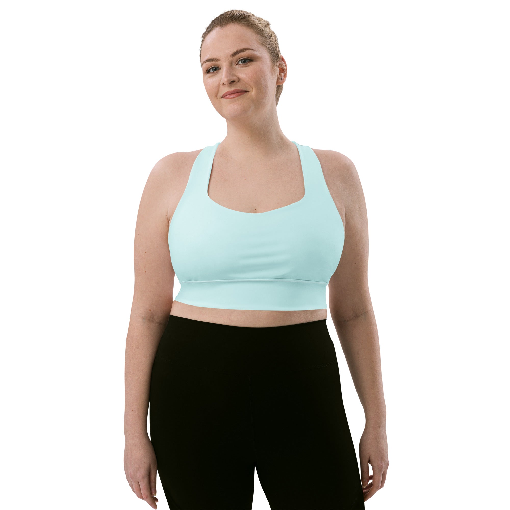 Women’s buttery soft light aqua blue recycled longline sports bra with wide straps and high intensity support