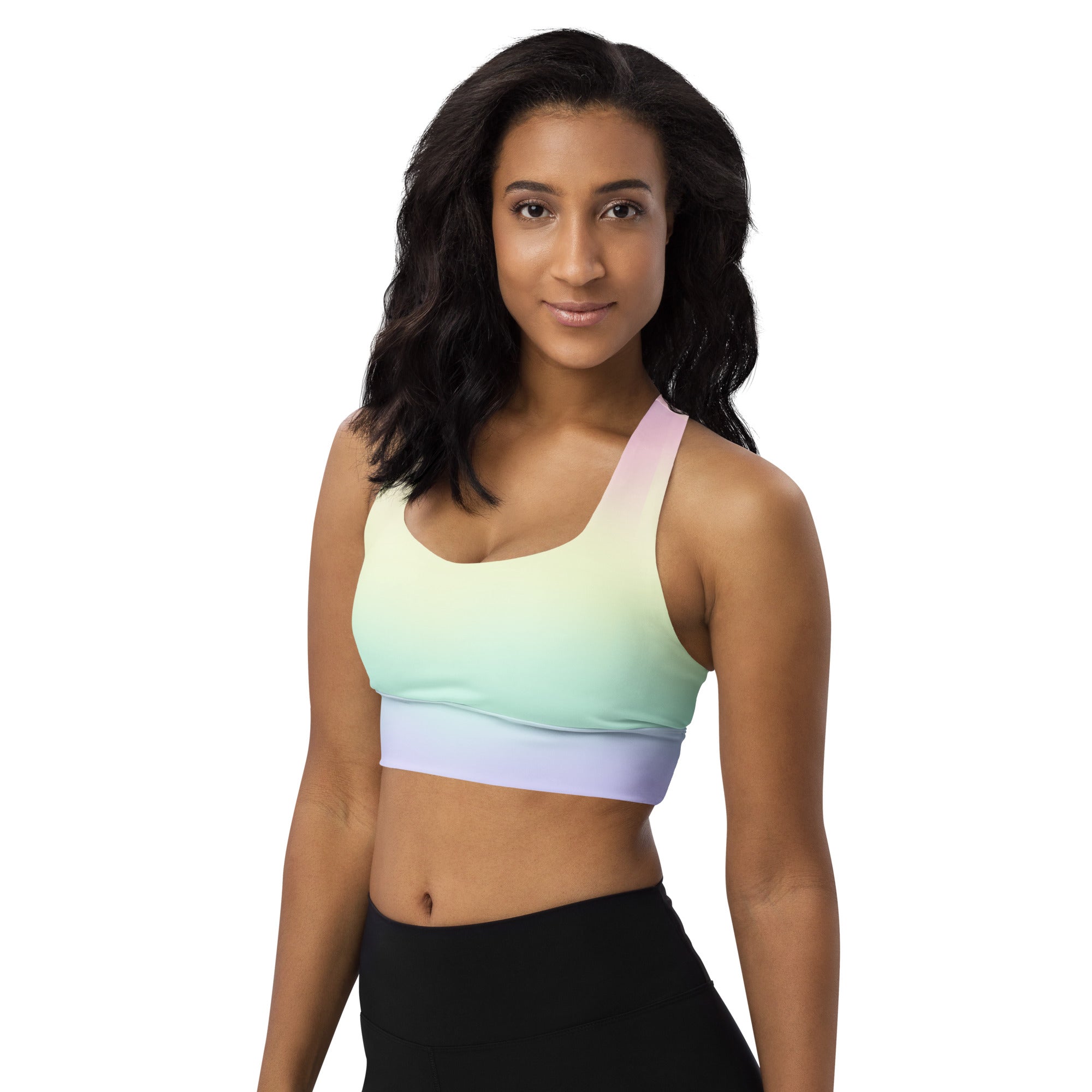 Women’s Pastel Rainbow Buttery Soft Recycled Longline Sports Bra – High Intensity Support, Removable Padding, Quick Dry & UPF 50+