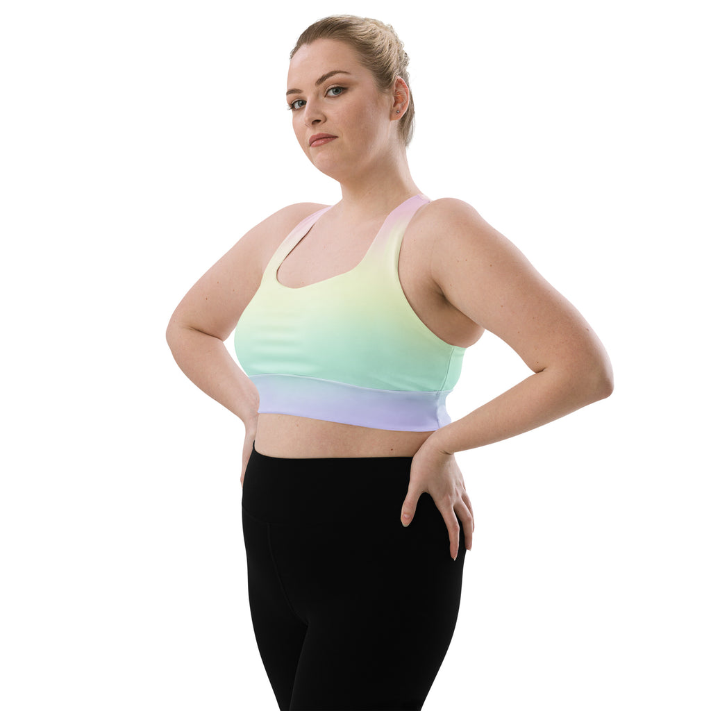 Women’s Pastel Rainbow Buttery Soft Recycled Longline Sports Bra – High Intensity Support, Removable Padding, Quick Dry & UPF 50+