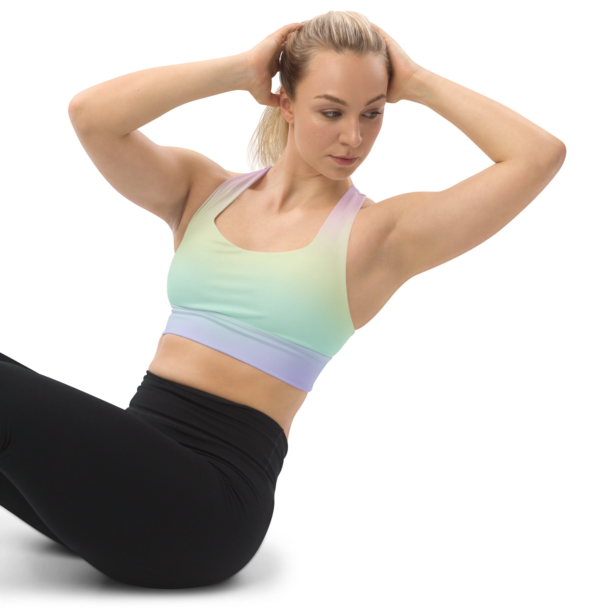 Women’s Pastel Rainbow Buttery Soft Recycled Longline Sports Bra – High Intensity Support, Removable Padding, Quick Dry & UPF 50+