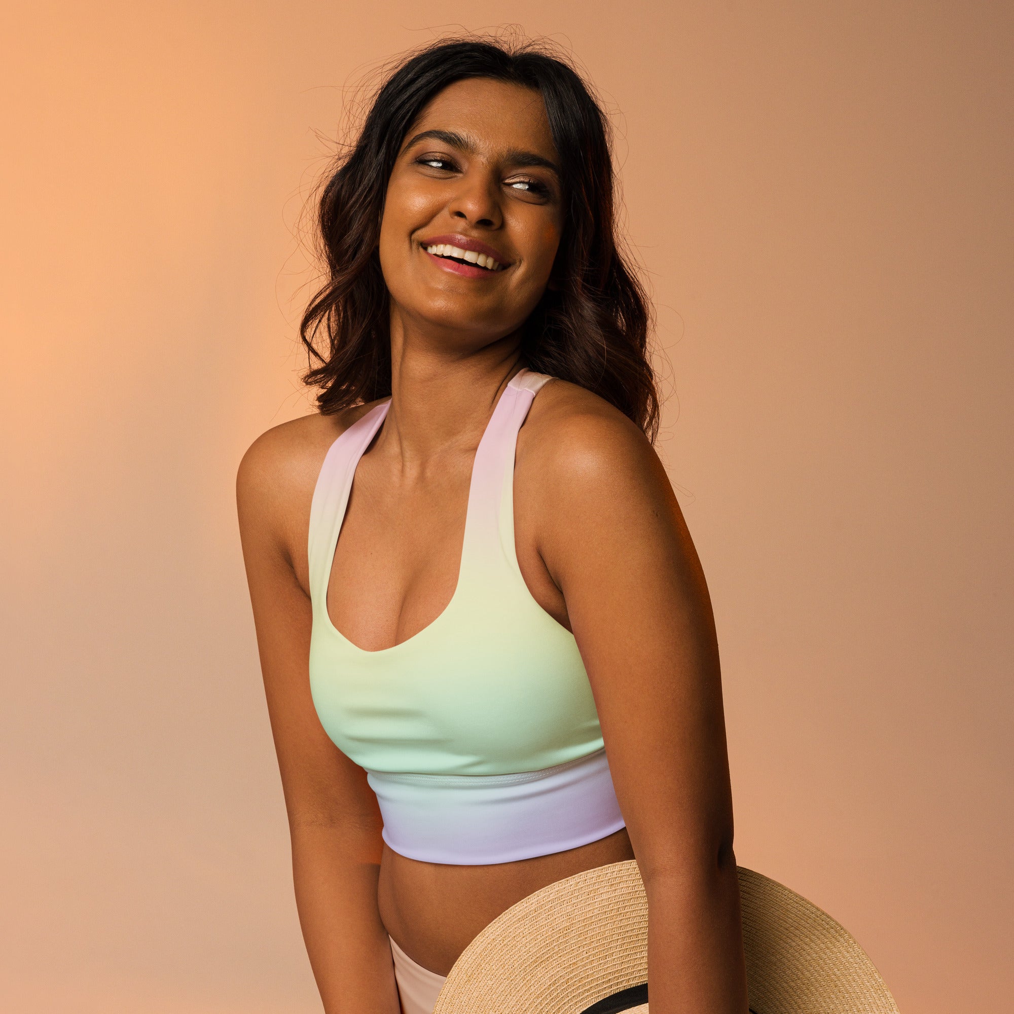 Women’s Pastel Rainbow Buttery Soft Recycled Longline Sports Bra – High Intensity Support, Removable Padding, Quick Dry & UPF 50+