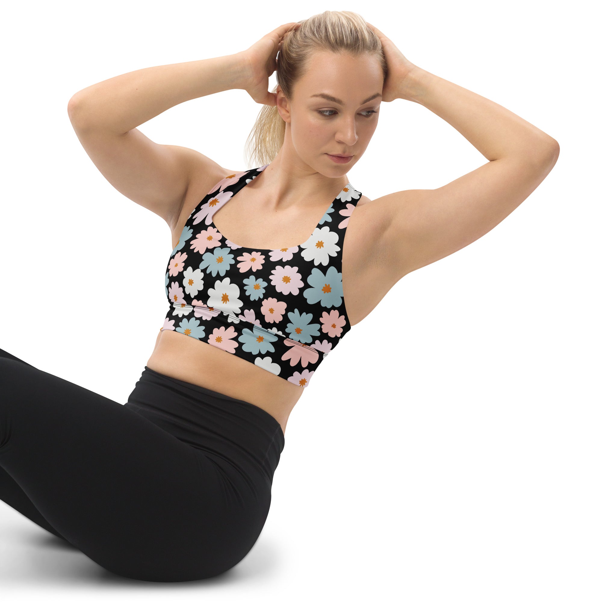 Black womens retro floral sports bra with pink white blue daisies buttery soft recycled fabric high support