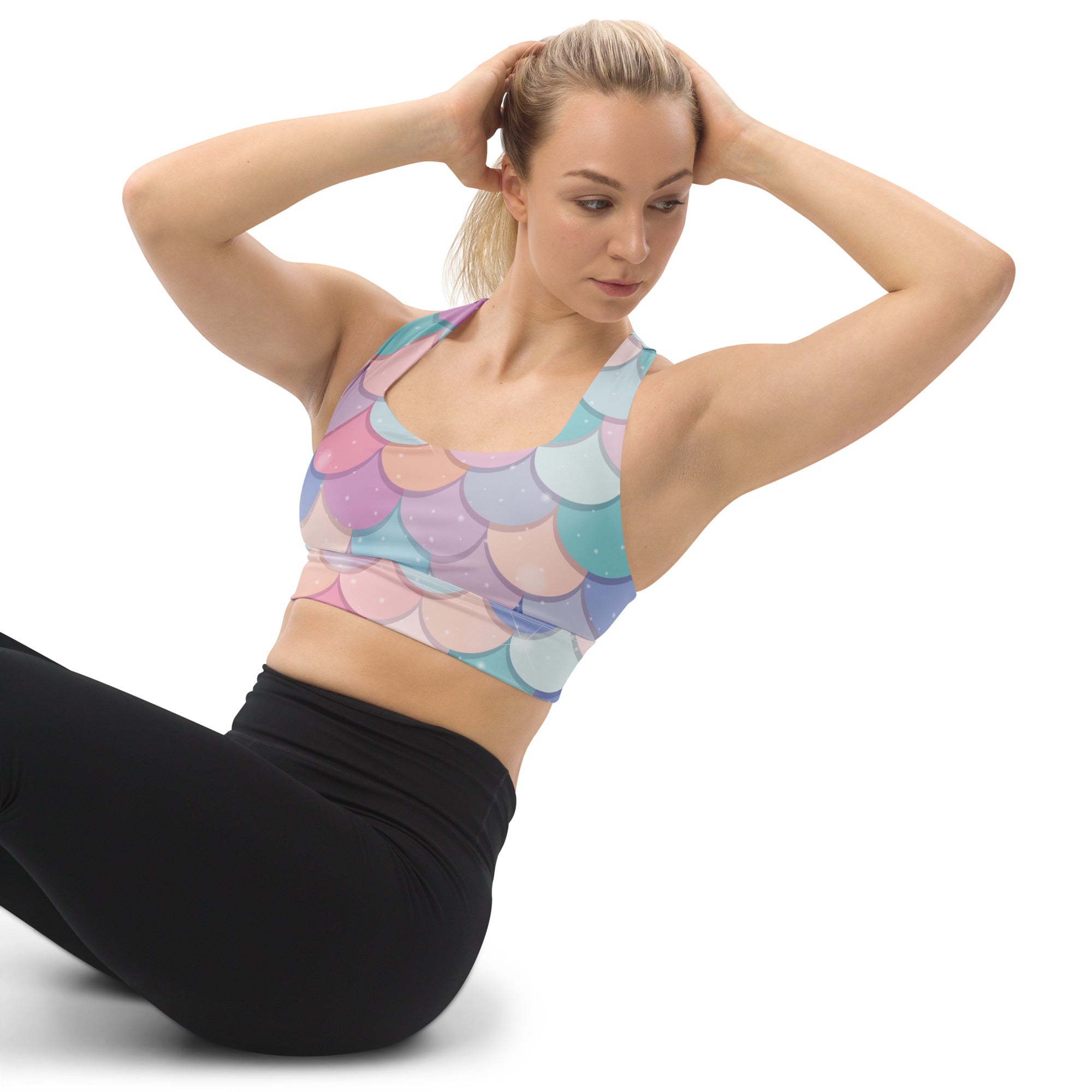 Women’s rainbow mermaid buttery soft recycled longline sports bra in pastel pink blue and lavender with high support