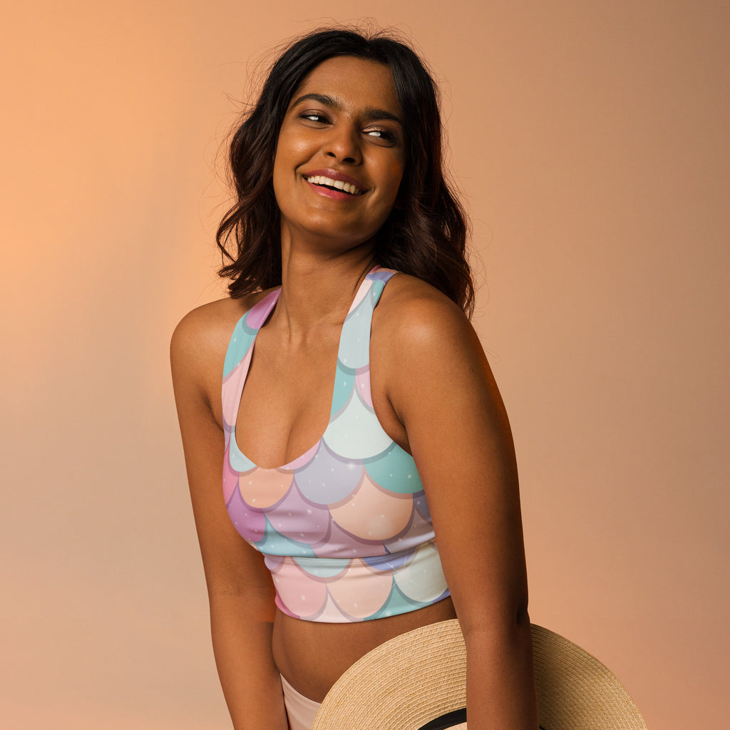 Pastel mermaid-scale patterned longline sports bra with high intensity support quick dry and upf 50 plus protection
