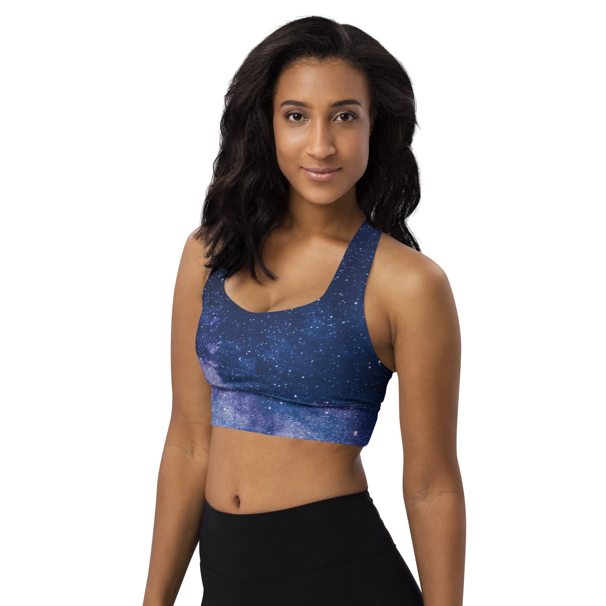 Blue galaxy-print recycled longline sports bra with buttery soft fabric and starry gradient for high intensity support