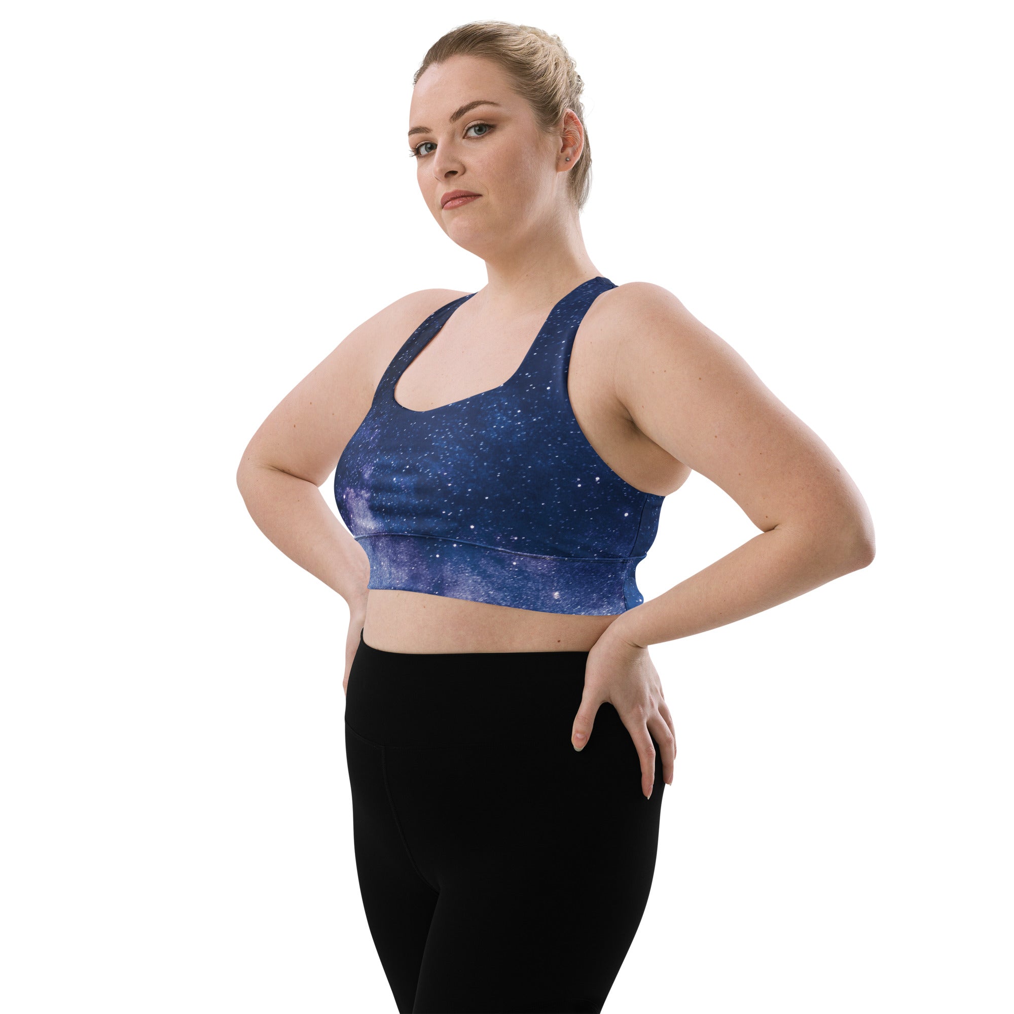 Blue galaxy-print recycled longline sports bra with buttery soft fabric high intensity support and quick dry features