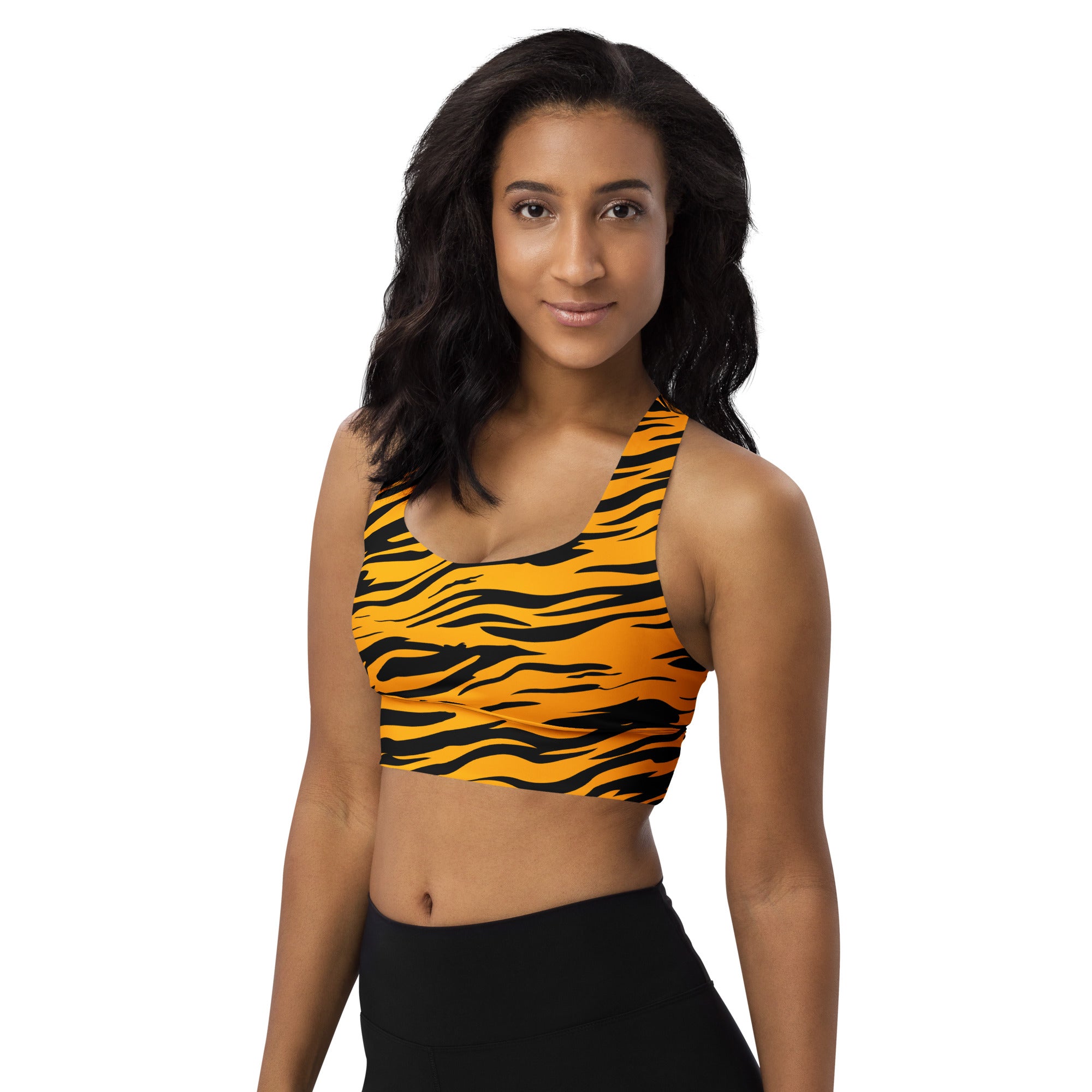 Women’s tiger print buttery soft recycled longline sports bra in vibrant orange and black for high intensity support