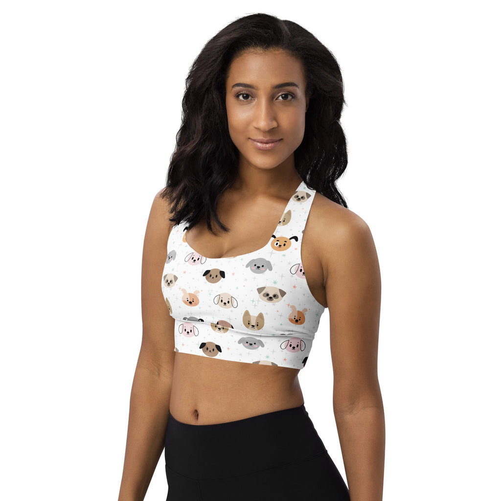 White longline sports bra with colorful cartoon dog pattern buttery soft recycled fabric high intensity support