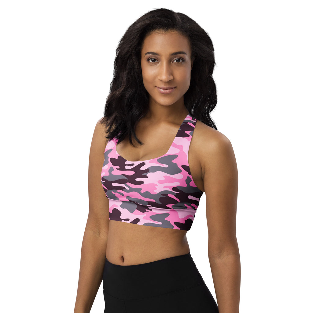 Women’s pink and gray camouflage longline sports bra with buttery soft recycled fabric, high intensity support, and UPF 50+
