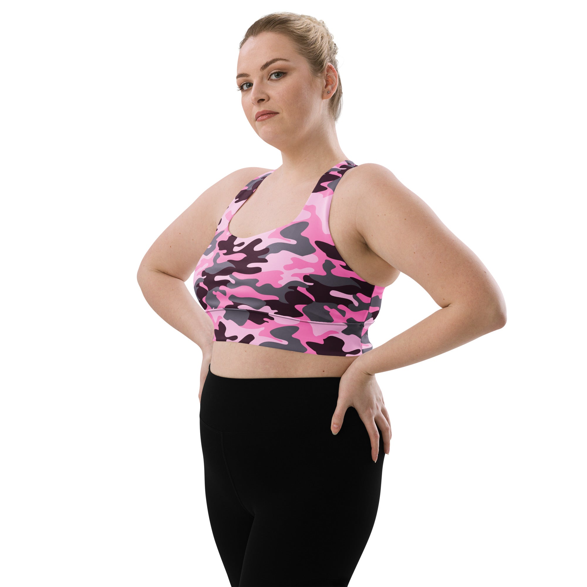 Women’s pink and black camouflage buttery soft recycled longline sports bra with high intensity support and removable padding