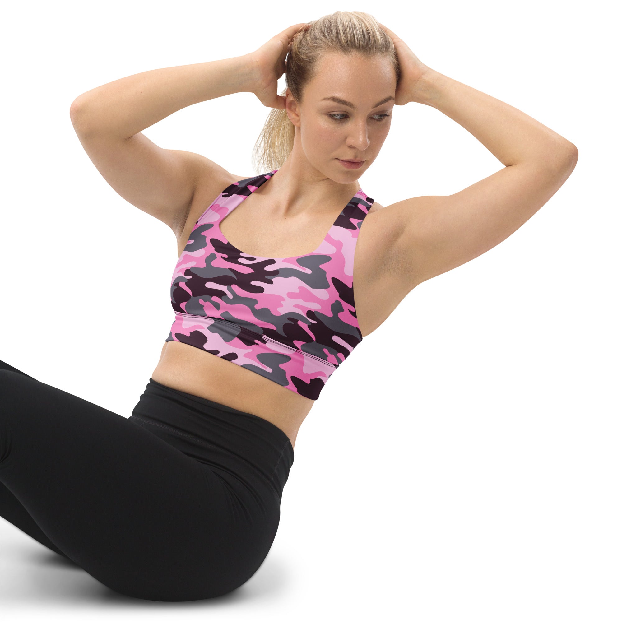 Women’s pink and black camouflage recycled longline sports bra with buttery soft fabric for high intensity support