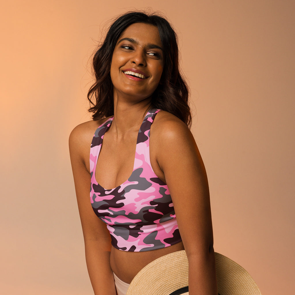 Women’s pink and gray camouflage sports bra with high intensity support made from buttery soft recycled fabric