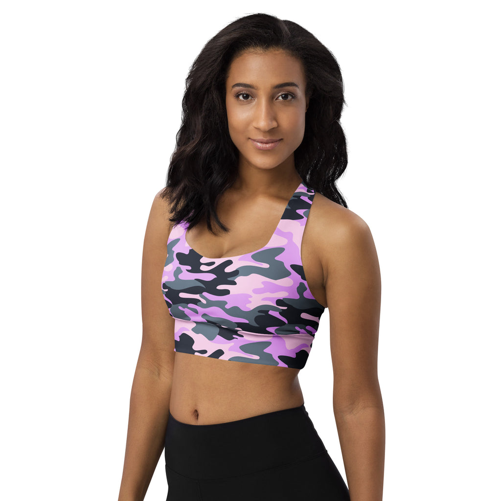 Women’s purple camouflage buttery soft recycled sports bra with halter neckline for high intensity support
