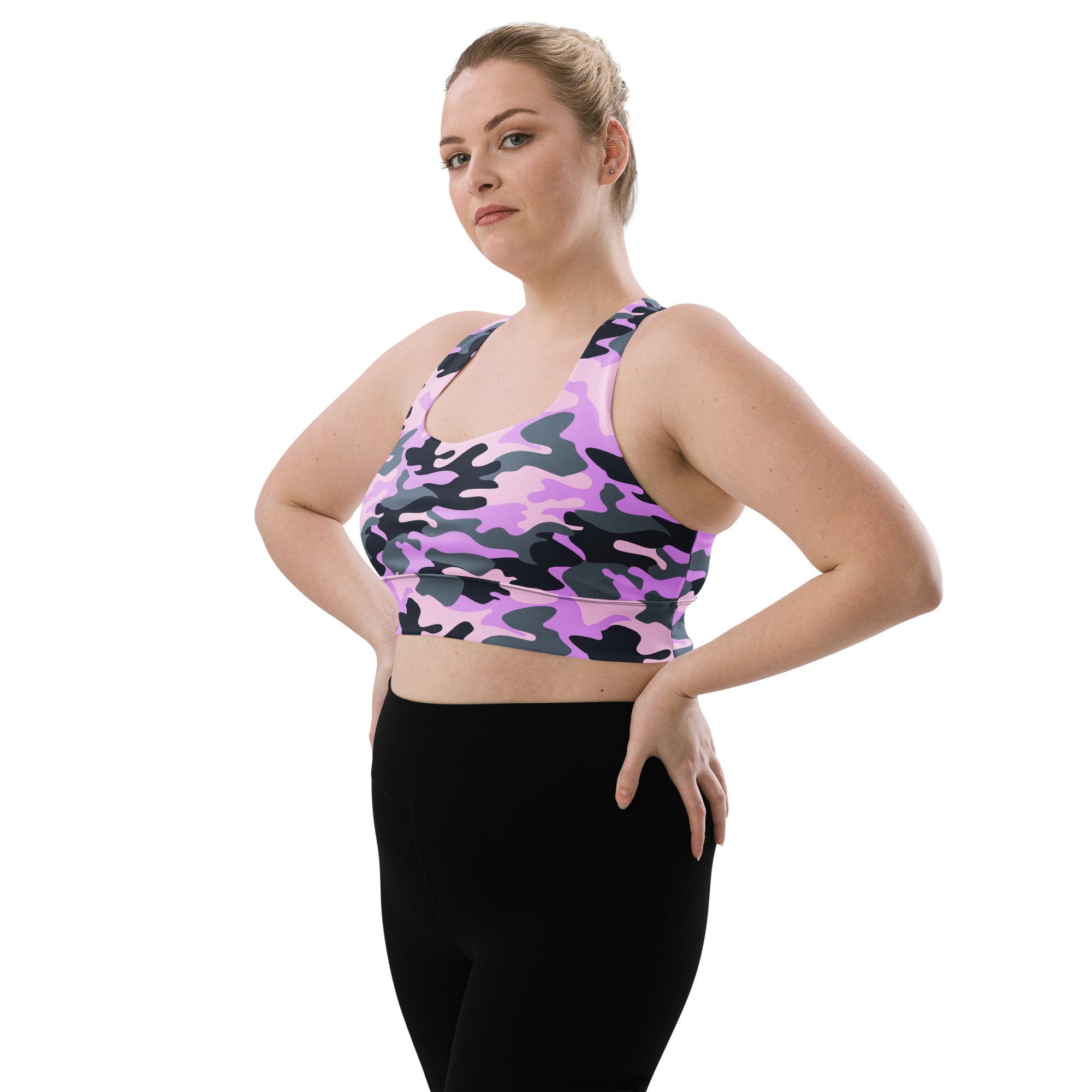 Women’s lavender and black camouflage longline sports bra with high intensity support and quick dry fabric