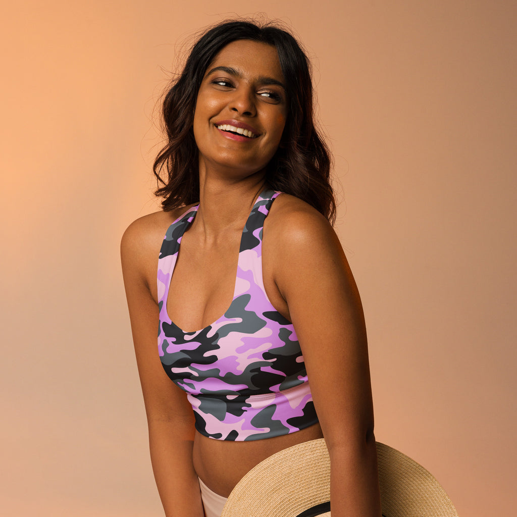 Women’s purple and black camouflage buttery soft recycled halter neck crop top for high intensity support workouts