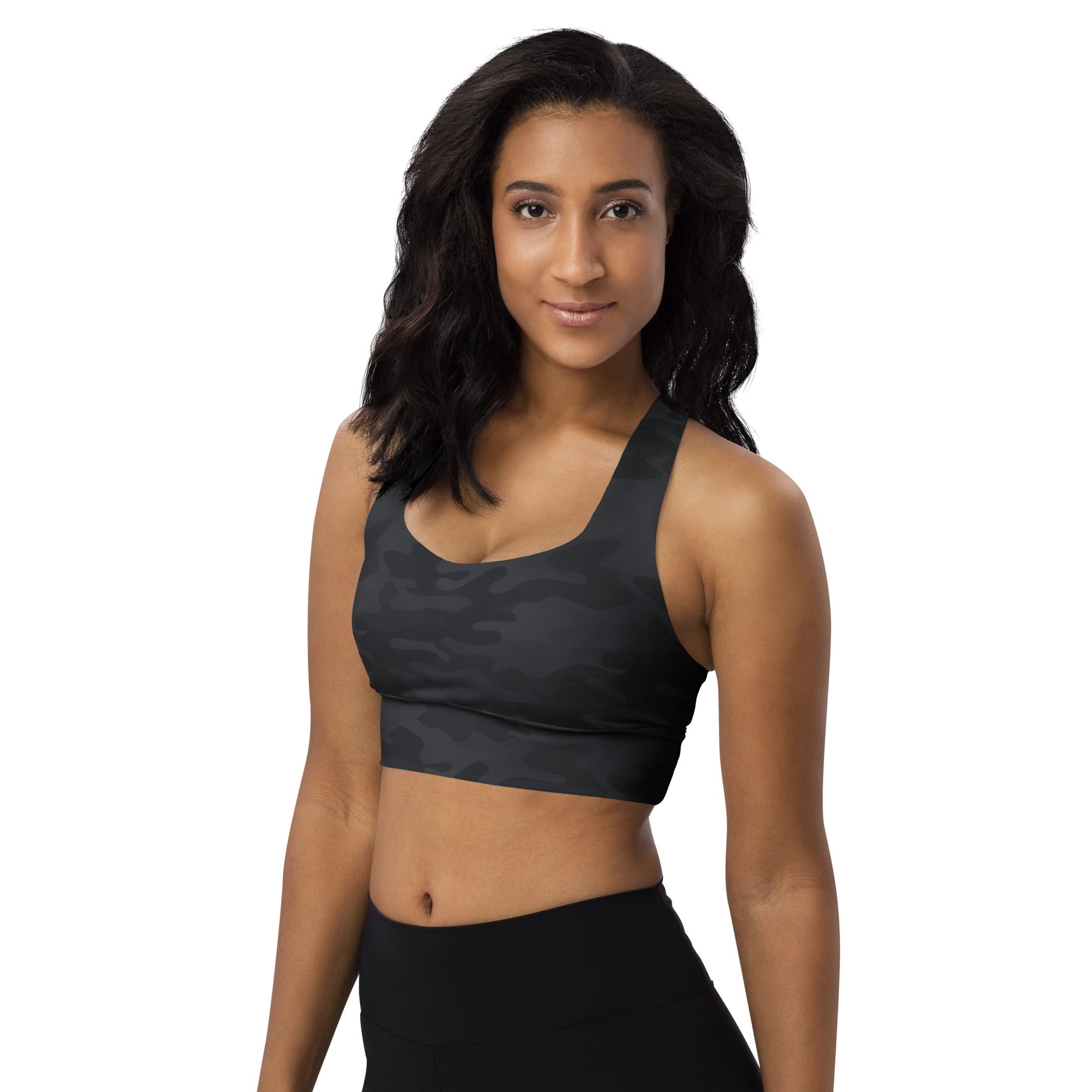 Women’s black camouflage recycled longline sports bra with buttery soft fabric high intensity support and removable padding
