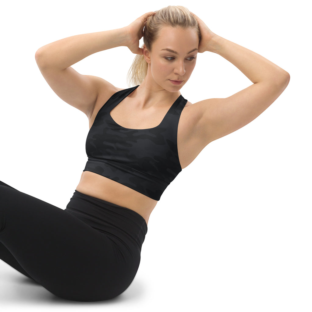 Women’s black camouflage buttery soft recycled longline sports bra with wide straps and subtle textured pattern