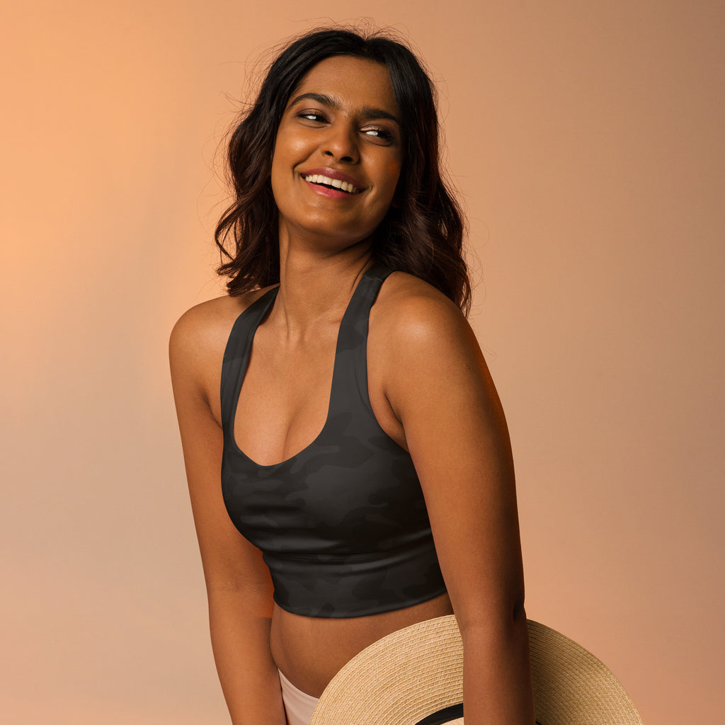 Women’s black satin halter top with deep scoop neckline and cropped fit for stylish layering or activewear use