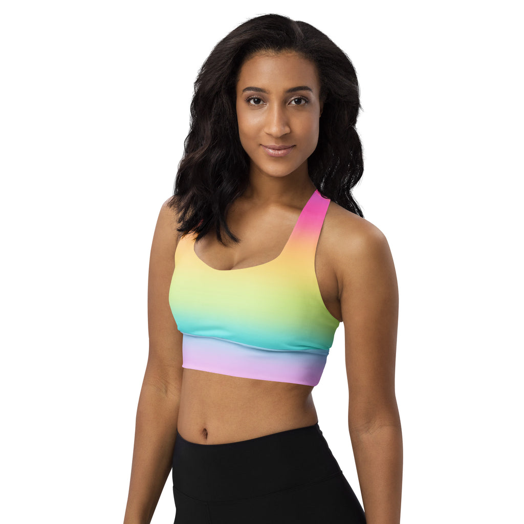 Women’s bright rainbow longline sports bra with soft stretchy fabric adjustable straps and high intensity support