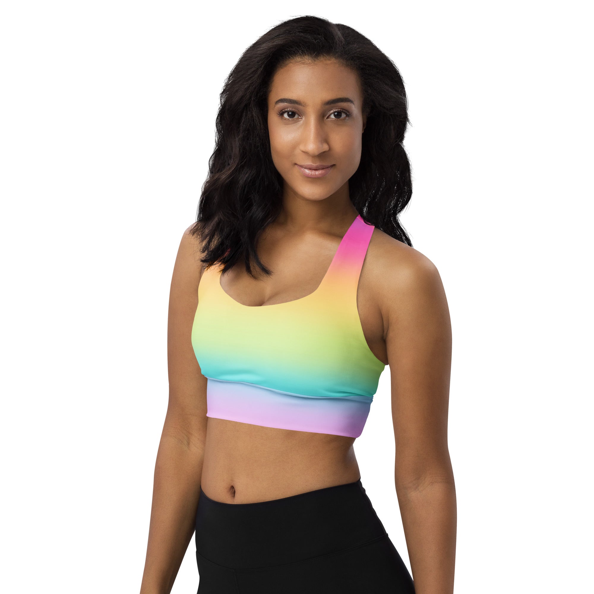 Women’s bright rainbow longline sports bra with soft stretchy fabric adjustable straps and high intensity support