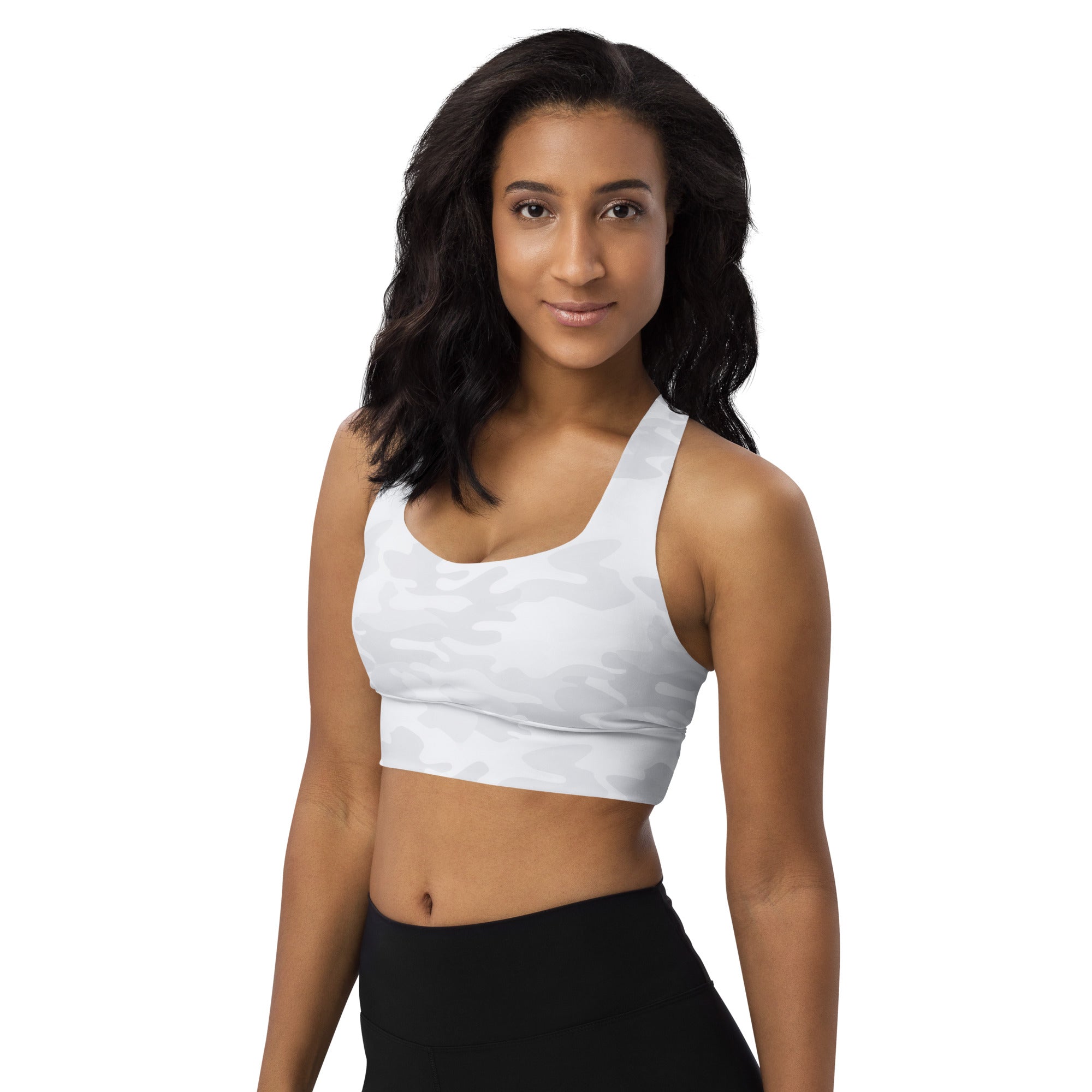Women’s white camouflage longline sports bra made from buttery soft recycled fabric with high intensity support