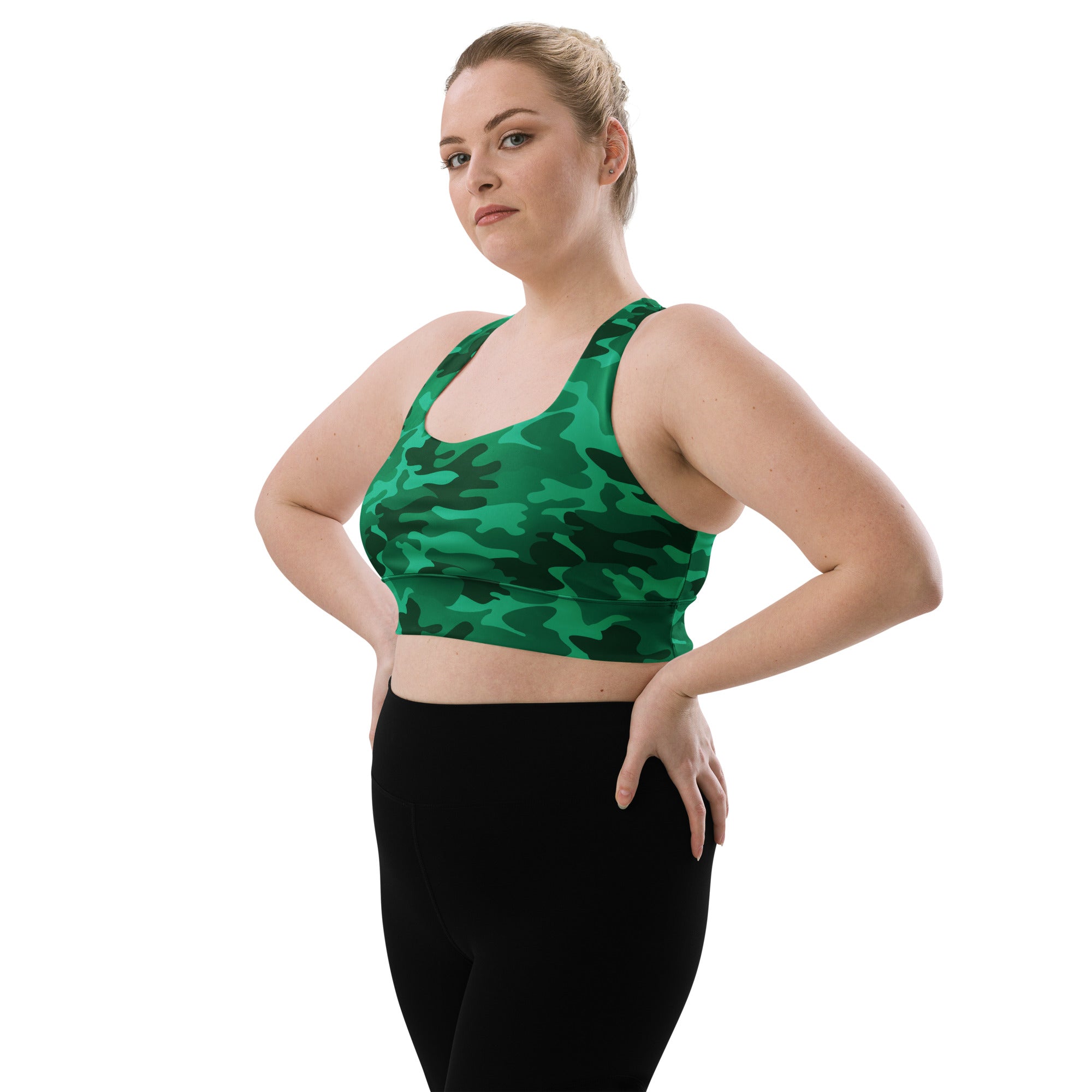 Women’s green camouflage buttery soft recycled longline sports bra with high intensity support and removable padding