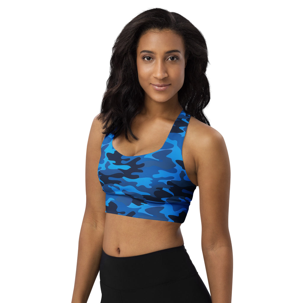 Women’s blue and black camouflage recycled longline sports bra with high intensity support and quick dry fabric