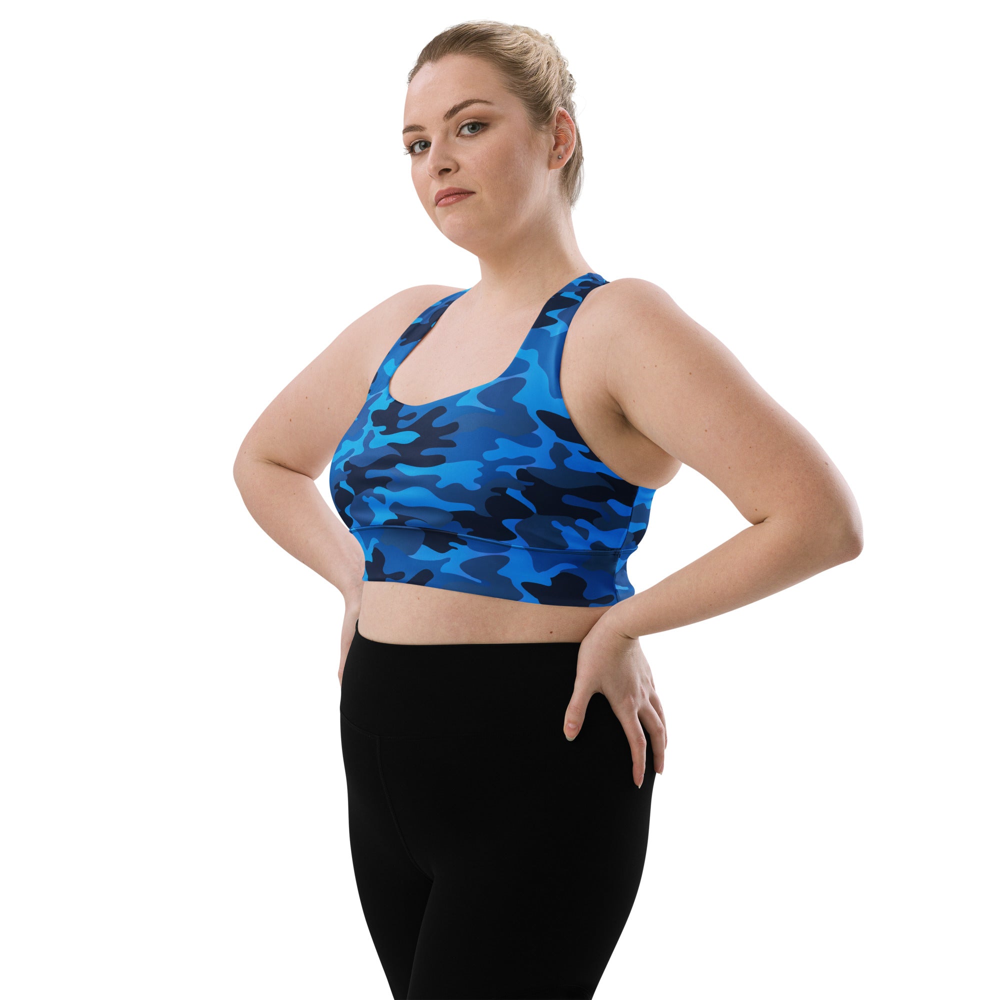 Women’s blue camouflage buttery soft recycled longline sports bra with racerback for high intensity support
