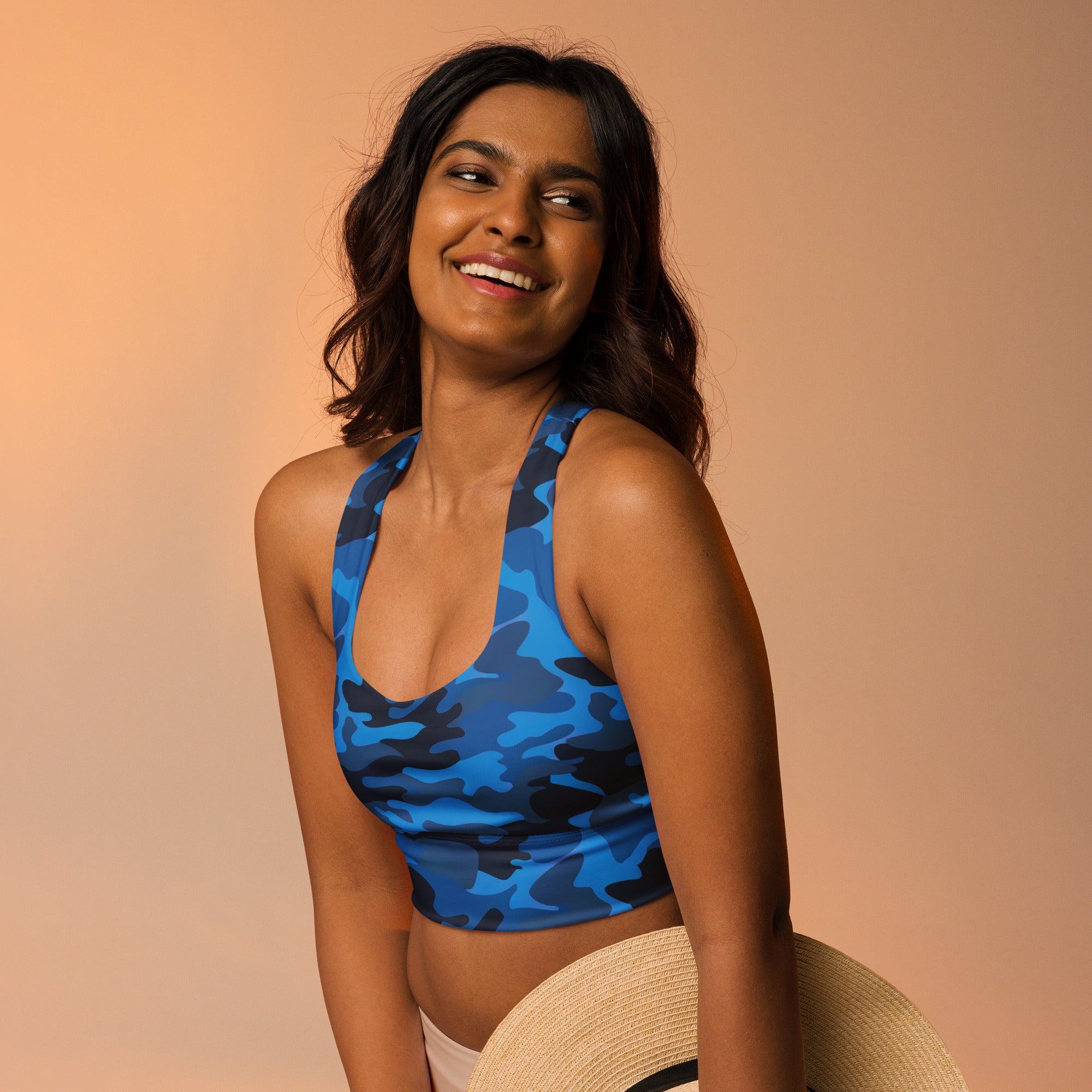 Women’s blue camouflage buttery soft recycled longline sports bra with halter neck for high intensity support