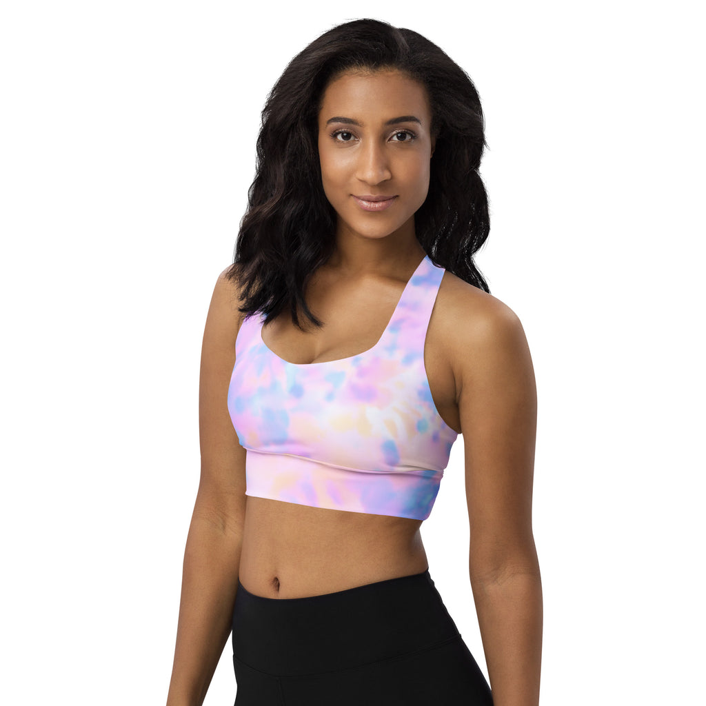 Women’s pastel tie-dye sports bra with buttery soft recycled fabric, halter neckline, high intensity support, and quick dry