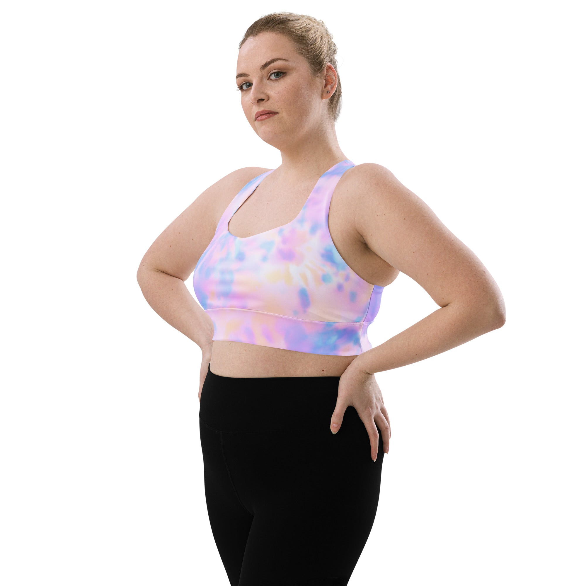 Women’s pastel watercolor tie-dye sports bra with buttery soft recycled fabric, racerback, high intensity support