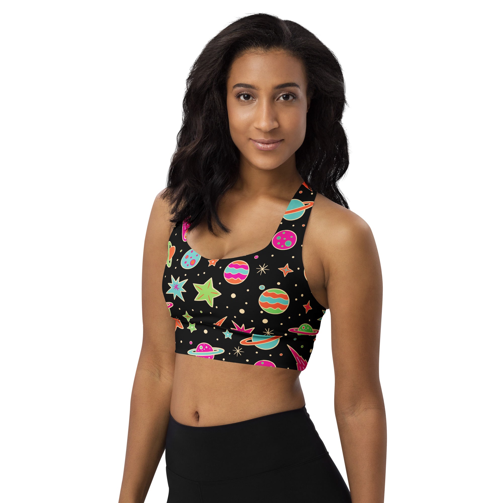 Black women’s retro space buttery soft recycled longline sports bra with vibrant cosmic planets stars and rockets design