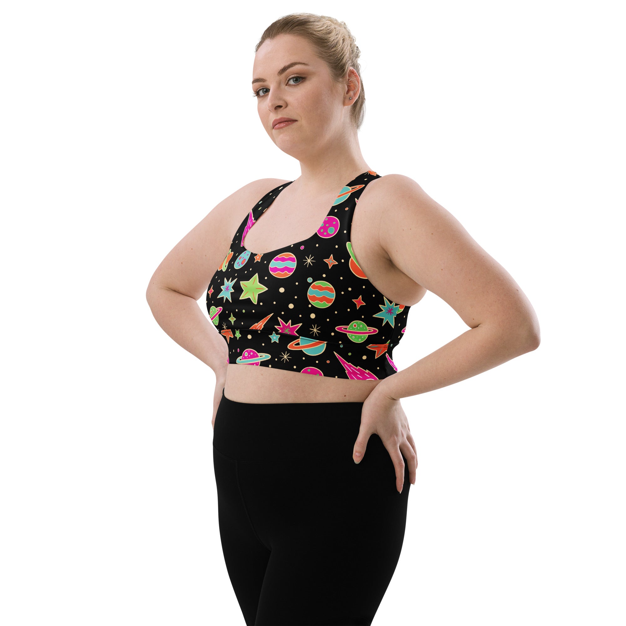Black women’s retro space buttery soft recycled longline sports bra with vibrant cosmic pattern and high intensity support