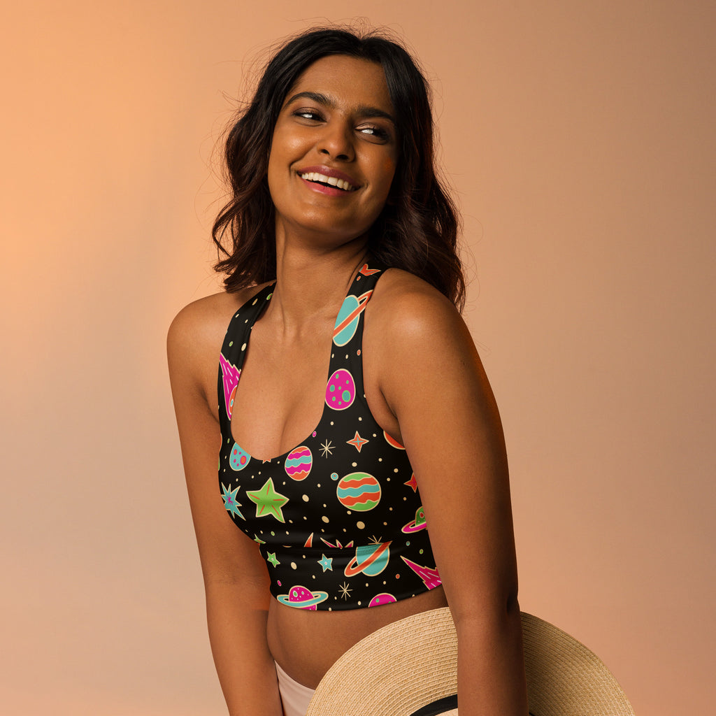 Women’s retro space buttery soft recycled black crop top with vibrant planets stars rockets for high intensity support