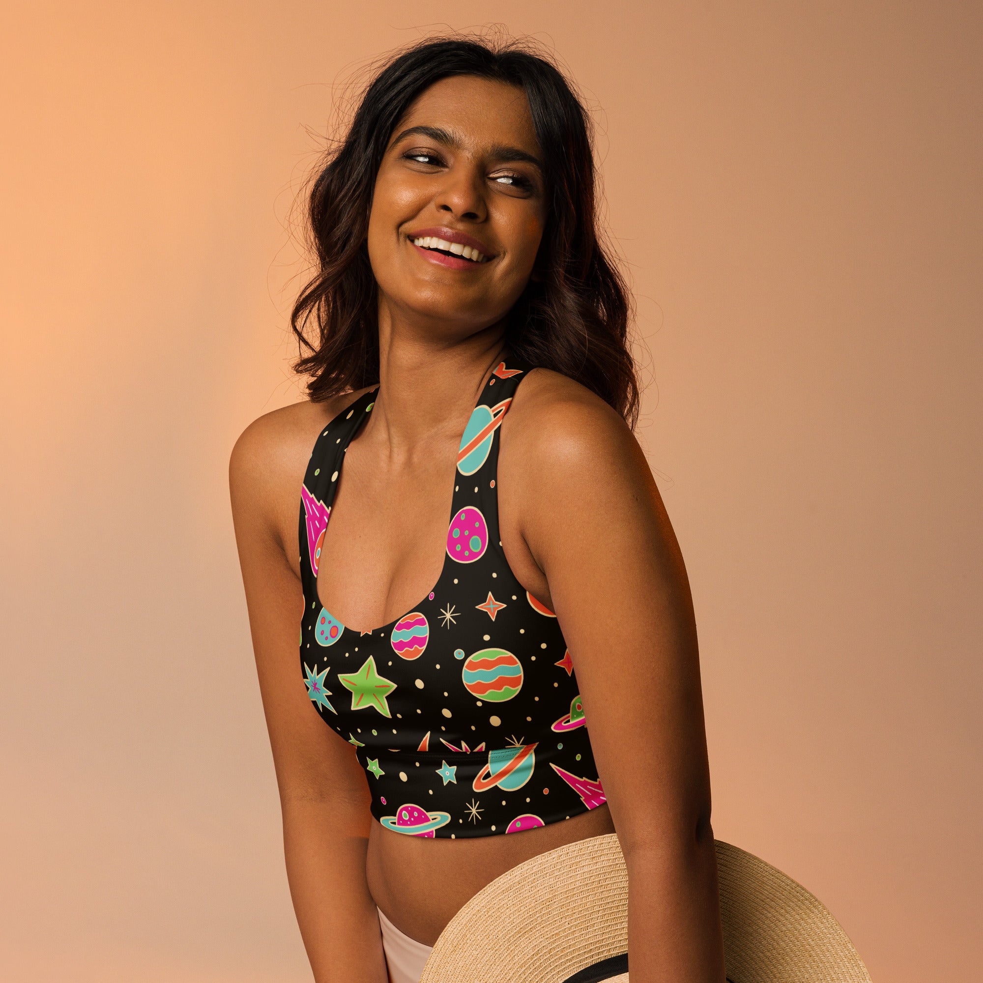 Women’s retro space buttery soft recycled black crop top with vibrant planets stars rockets for high intensity support