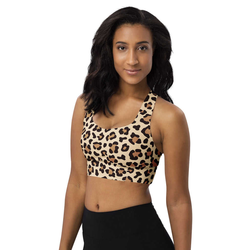 Women’s Leopard Print Buttery Soft Recycled Longline Sports Bra – High Intensity Support, Removable Padding, Quick Dry & UPF 50+