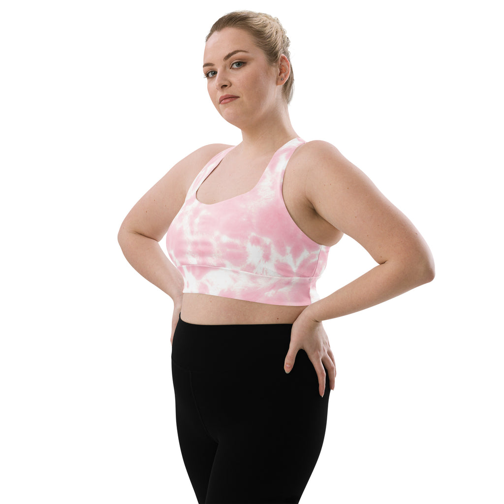 Women’s pink and white tie dye buttery soft recycled longline sports bra with racerback straps for high intensity support