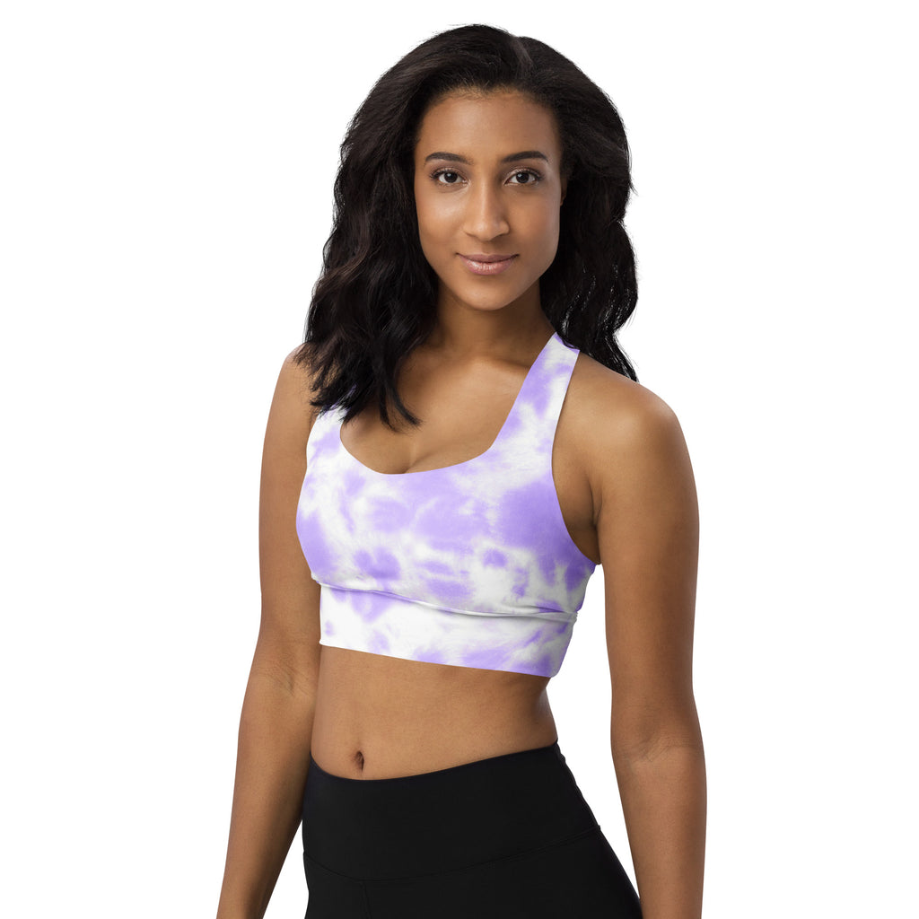 Women’s purple and white tie dye buttery soft recycled longline sports bra with halter neckline and high intensity support