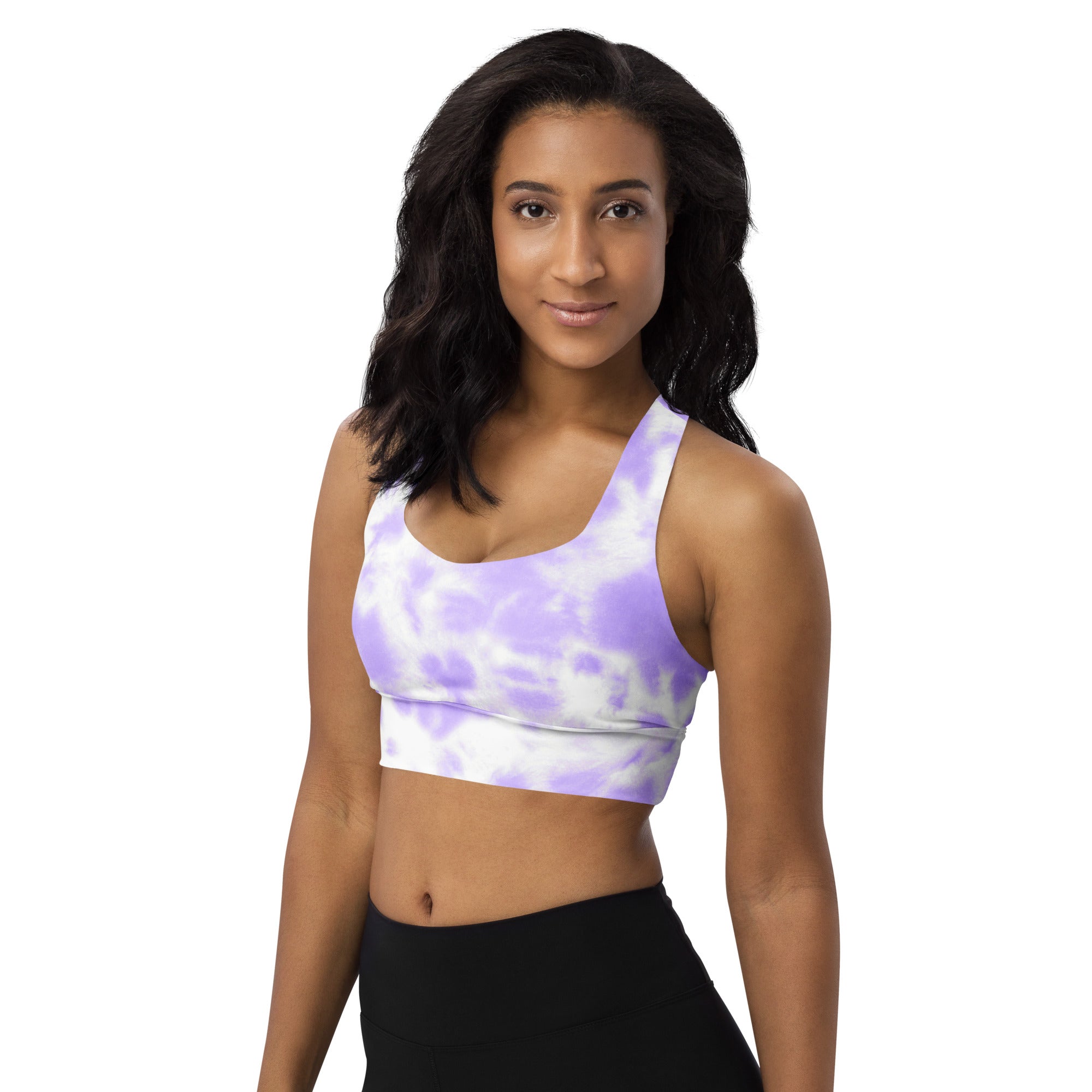 Women’s purple and white tie dye buttery soft recycled longline sports bra with halter neckline and high intensity support