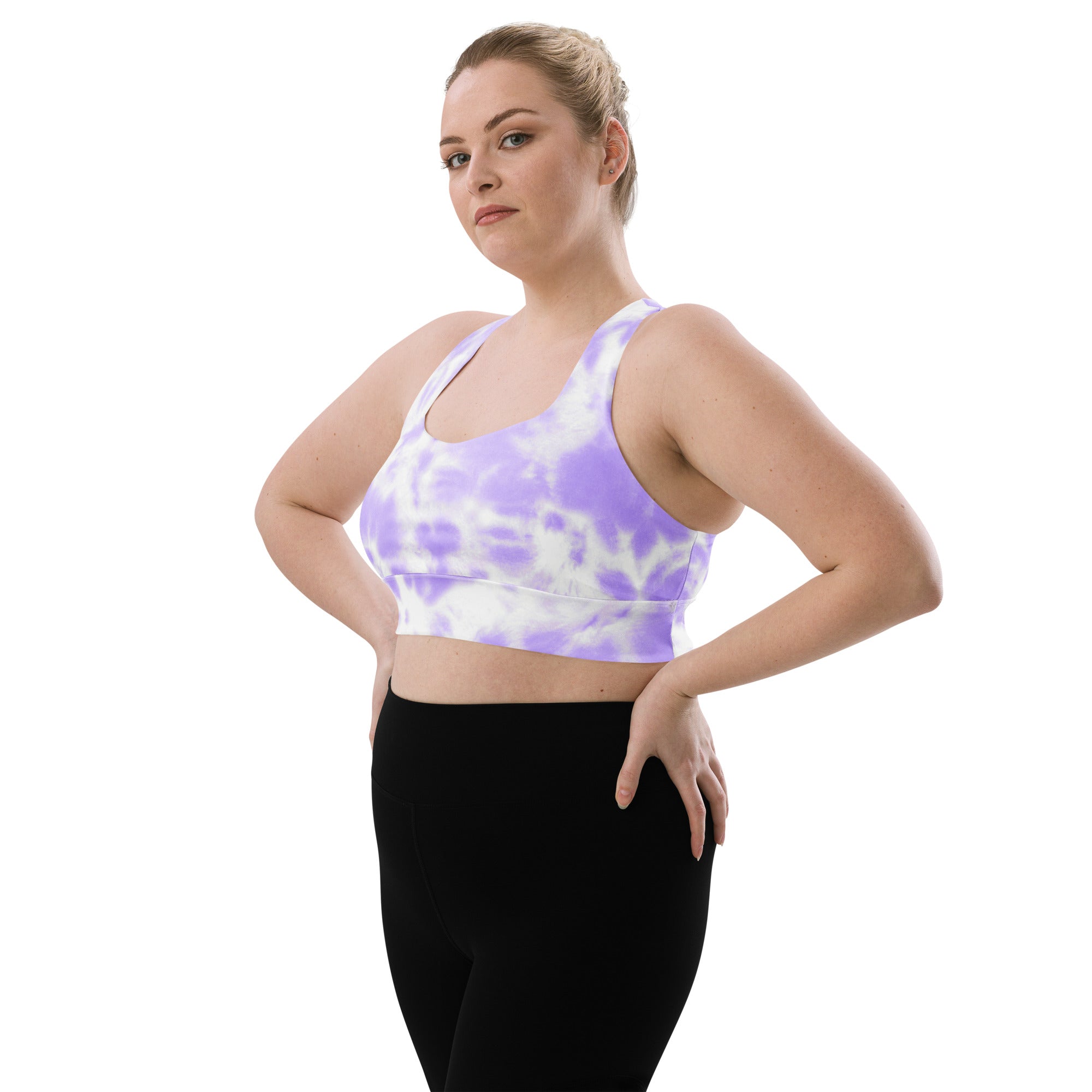 Women’s lavender and white tie-dye buttery soft recycled longline sports bra with high intensity support and removable padding