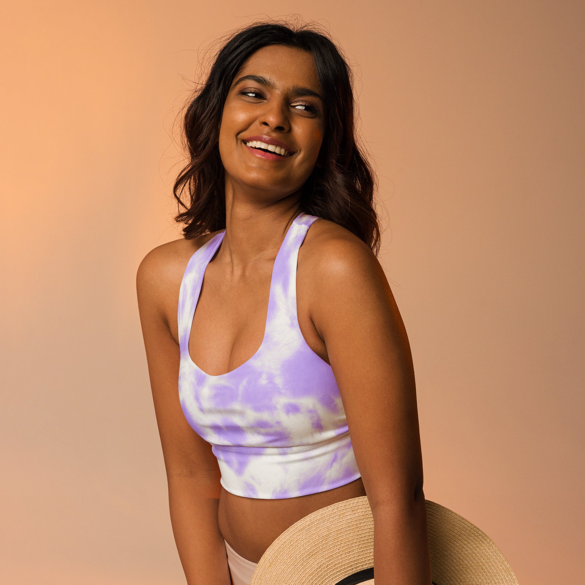 Women’s lavender and white tie dye halter neck crop top made from buttery soft recycled fabric with upf 50 plus