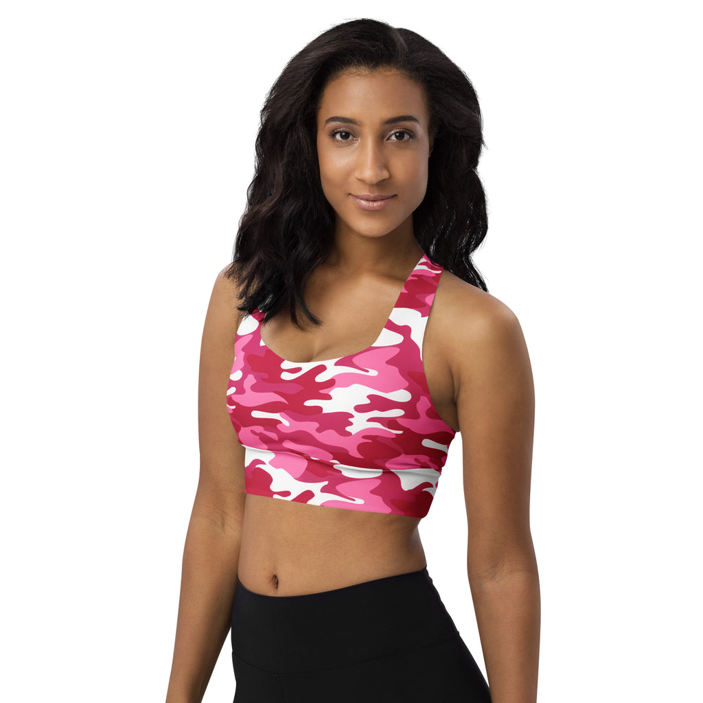 Women’s bright pink and white camouflage buttery soft recycled longline sports bra with halter neckline and high support