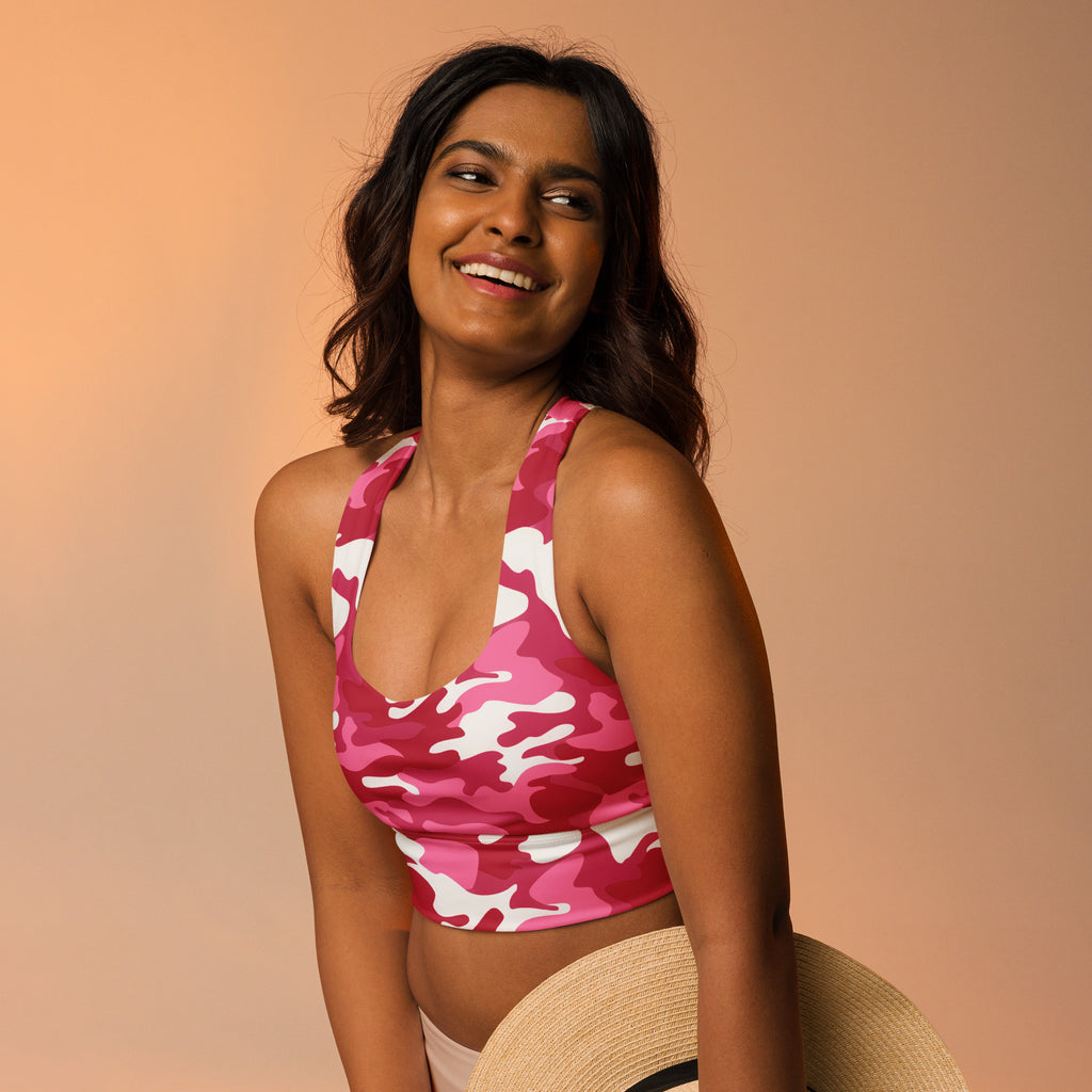 Women’s bright pink and white camouflage recycled longline sports bra with high intensity support and quick dry fabric