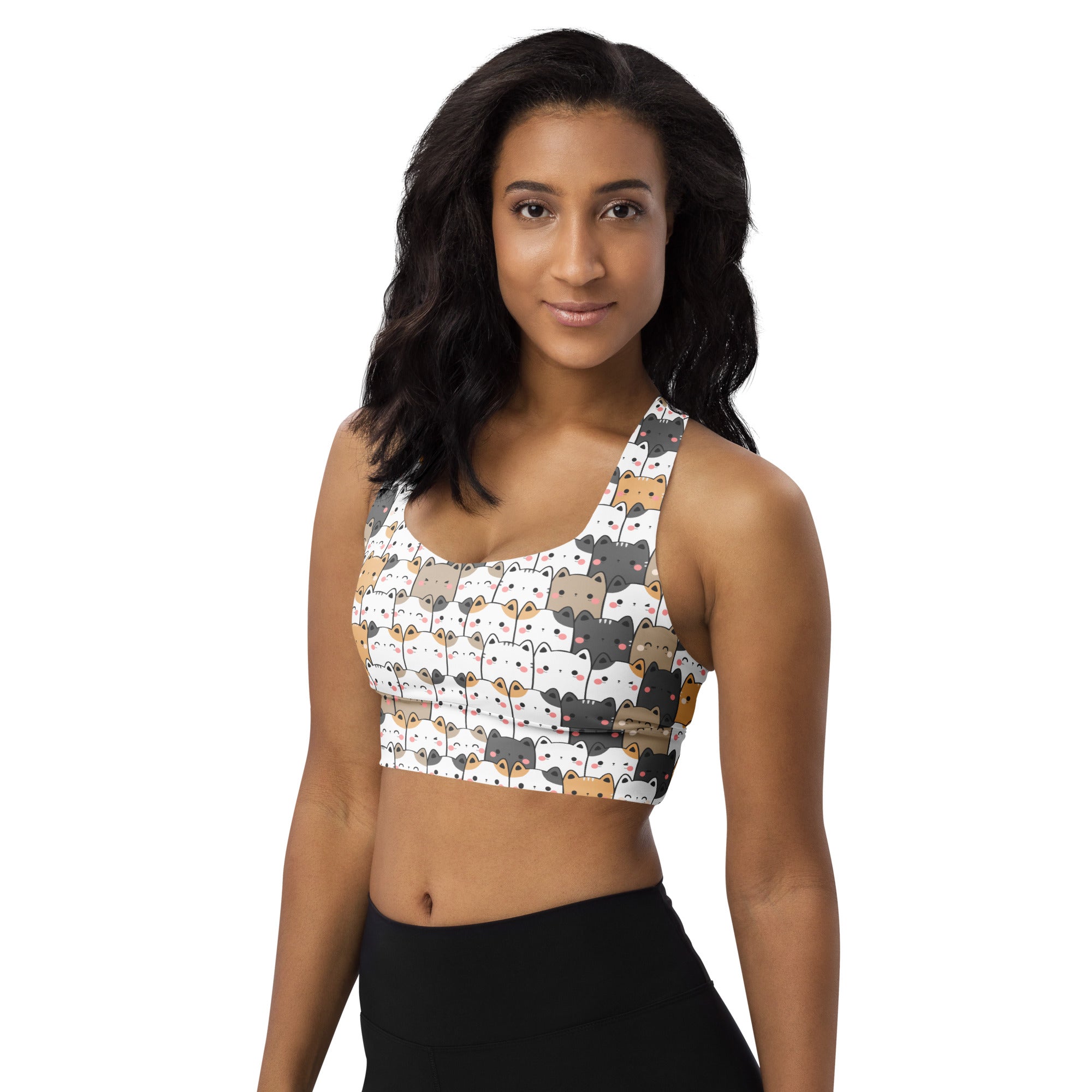 White longline sports bra with kawaii colorful cartoon cats pattern, buttery soft recycled fabric, high intensity support