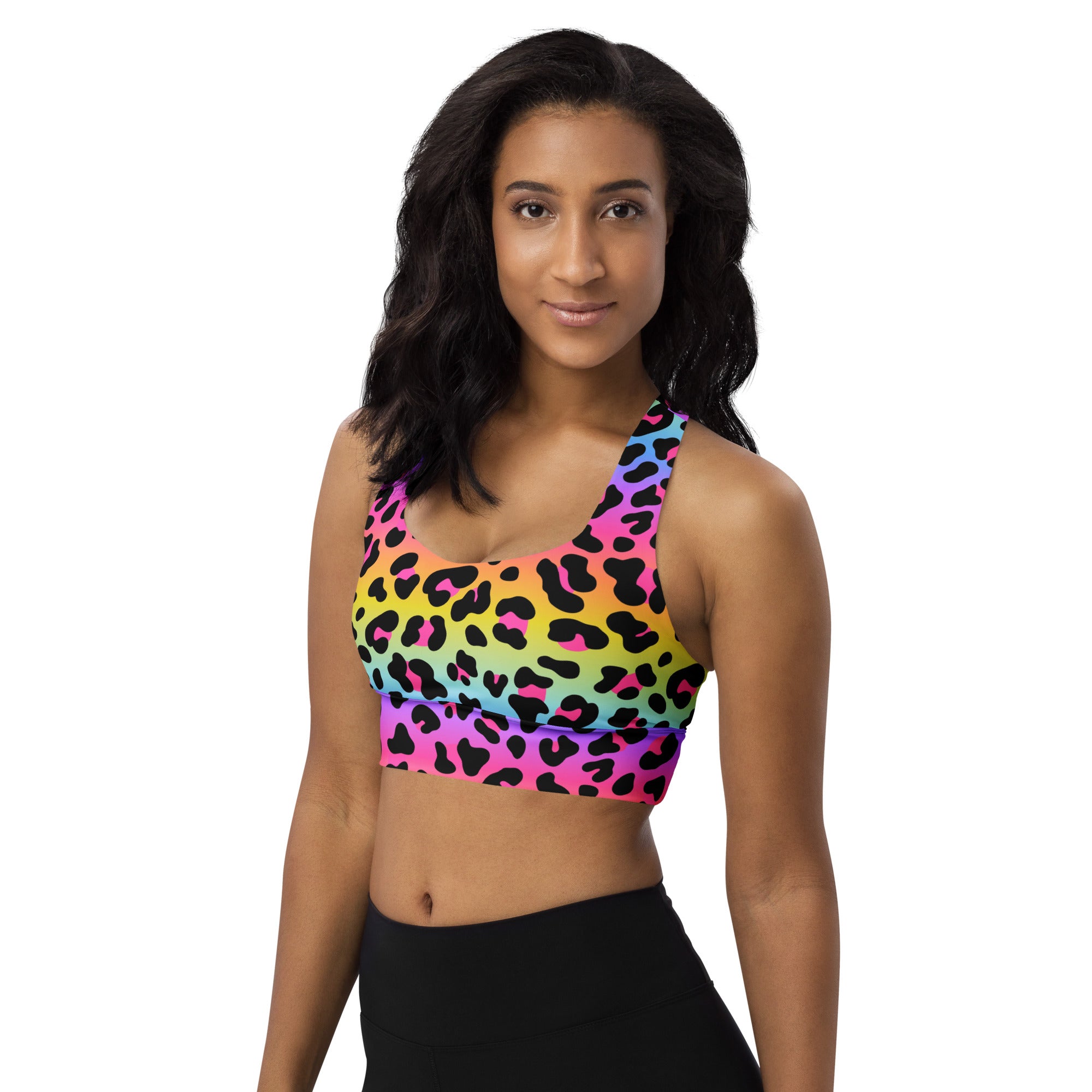Women’s rainbow leopard print longline sports bra with black spots buttery soft recycled fabric and high intensity support