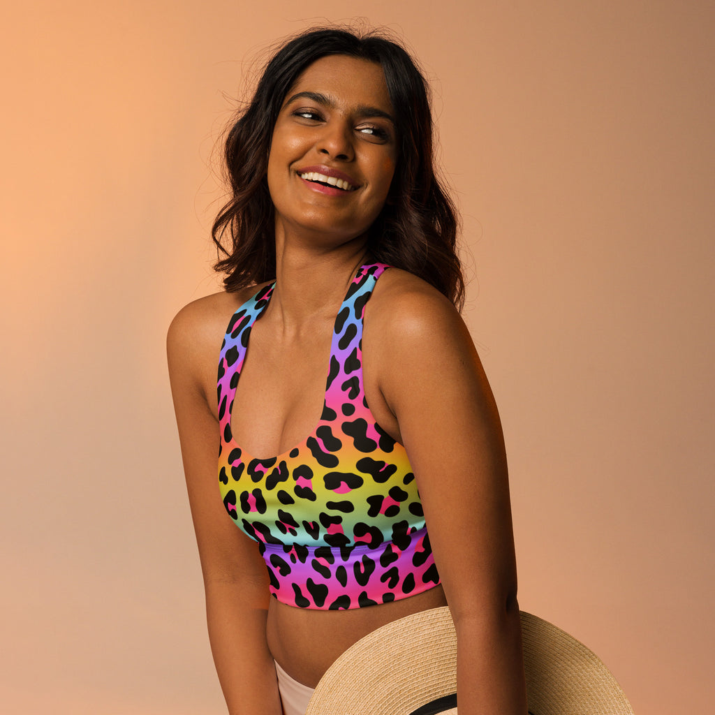 Women’s vibrant rainbow leopard print buttery soft recycled crop top with halter neck straps for high intensity support