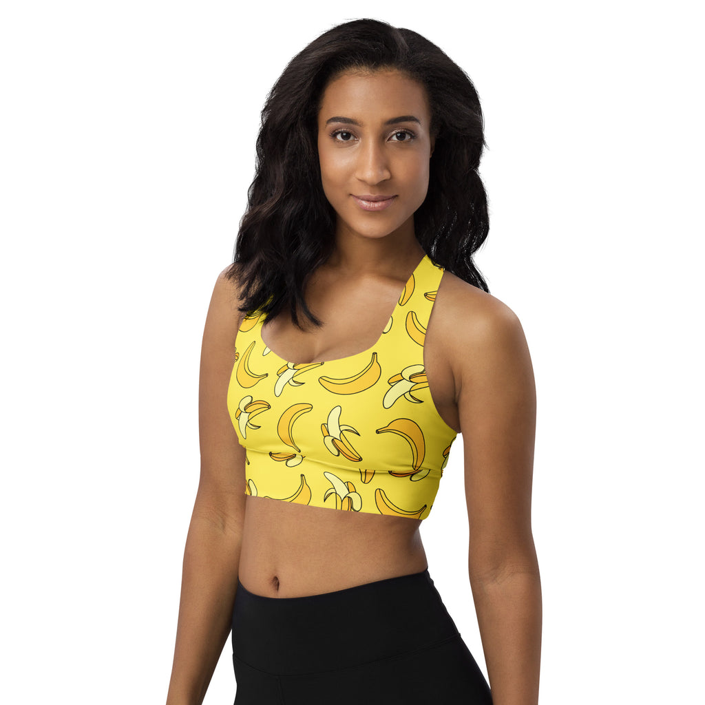Women’s yellow banana print buttery soft recycled longline sports bra with high intensity support and removable padding